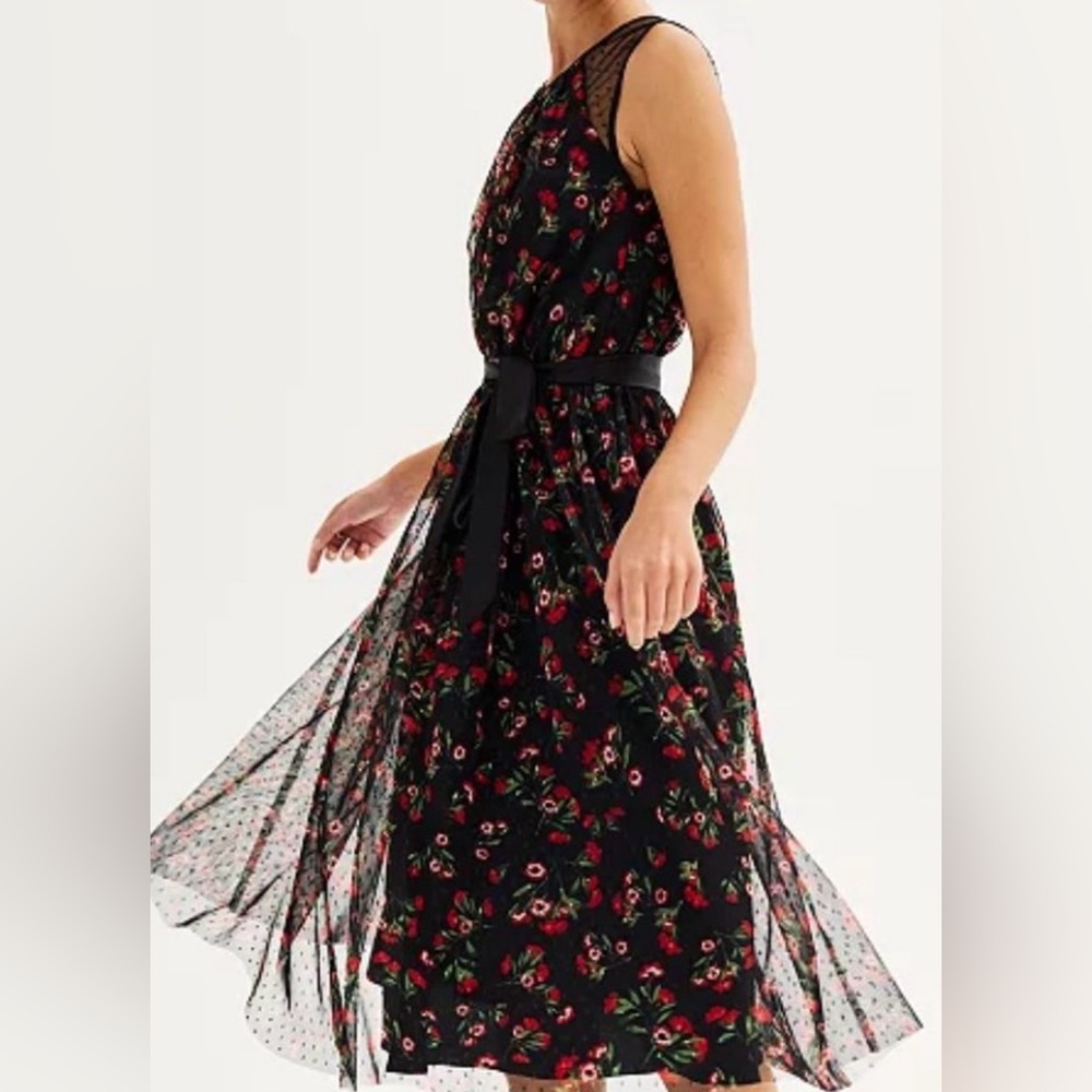 Draper James Black Floral Midi Dress sheer polka dot rose skirt over lining